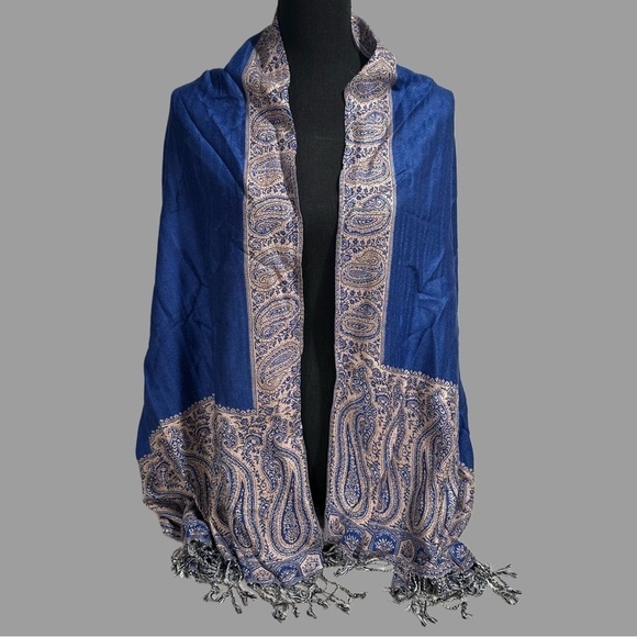 Elegant Shawl in Framed Navy Blue - Versatile Wrap, Poncho, or Cape Soft Rayon - Picture 3 of 16